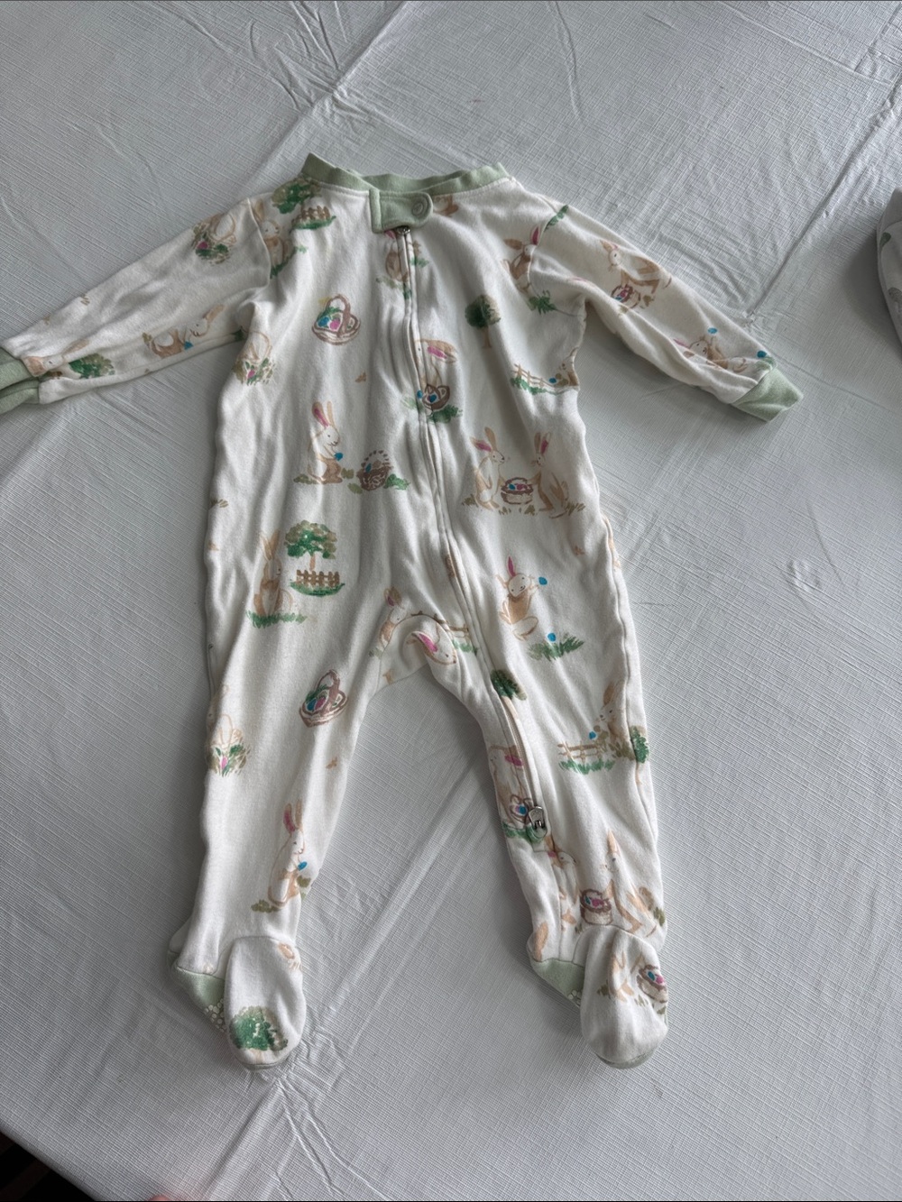 Cream Bunny Print Footed One-Piece with Mint Trim for Kids